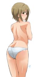 10s 1girl ass back back_focus brown_eyes brown_hair from_behind idolmaster idolmaster_cinderella_girls looking_back mimura_kanako panties pout profile shift_(waage) short_hair simple_background solo topless underwear white_background rating:Questionable score:17 user:danbooru