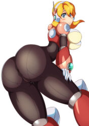 1girl absurdres against_fourth_wall against_glass alia_(mega_man) android armor ass ass_focus ass_on_glass ass_press blonde_hair blue_eyes bodysuit breasts capcom from_behind gloves highres huge_ass kotatuman_dash large_breasts leaning leaning_forward looking_at_viewer looking_back mega_man_(series) mega_man_x_(series) pink_armor robot robot_ears robot_girl simple_background smile solo white_background white_gloves wide_hips 