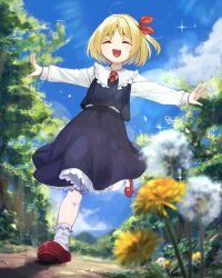  1girl ahoge ama_(pixiv_50406250) black_skirt black_vest blonde_hair branch closed_eyes dandelion day diffraction_spikes flower frilled_shirt_collar frilled_socks frills from_below full_body hair_ribbon happy highres layered_skirt light_blush long_sleeves open_mouth outdoors outstretched_arms red_footwear red_ribbon ribbon rumia running shirt short_hair skirt skirt_set sky sleeve_cuffs smile socks solo spread_arms teeth touhou tree upper_teeth_only vest white_shirt white_socks 