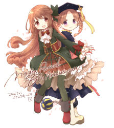  2girls :d anniversary aoki_ume ball black_headwear black_jacket blush boots bow braid brown_hair brown_skirt chain closed_mouth commentary_request frilled_sleeves frills fur-trimmed_boots fur_trim green_jacket green_ribbon green_thighhighs hair_ribbon hair_rings hat highres hiiragi_nemu holding_hands jacket long_hair long_sleeves magia_record:_mahou_shoujo_madoka_magica_gaiden mahou_shoujo_madoka_magica mortarboard multiple_girls one_side_up open_mouth parted_bangs purple_eyes red_bow red_eyes red_footwear ribbon satomi_touka shirt skirt sleeves_past_wrists smile thighhighs thighhighs_under_boots translation_request twin_braids very_long_hair white_footwear white_shirt 