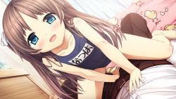 1boy 1girl age_difference bed blue_eyes blush bow brown_hair crotch_grab cura femdom flat_(company) flat_chest girl_on_top hair_bow highres loli looking_at_viewer monobeno pussy_juice sawai_natsuha school_swimsuit sweat swimsuit rating:Explicit score:386 user:huzzaman