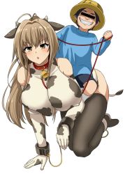 1boy 1girl all_fours amagi_brilliant_park animal_ears animal_print antenna_hair bare_shoulders bdsm bell black_thighhighs blush bondage bound breast_press breasts brown_eyes brown_hair censored covered_erect_nipples cow_ears cow_horns cow_print cow_tail cowbell cuffs elbow_gloves gloves grin handcuffs hanging_breasts horns identity_censor large_breasts long_hair open_mouth pet_play rebake riding sento_isuzu shota shotadom simple_background size_difference smaller_dominant smile sweat tail thighhighs white_background rating:Questionable score:56 user:danbooru
