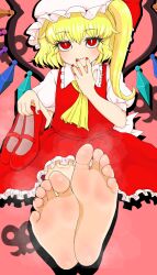  1girl 3cc1a barefoot blonde_hair feet flandre_scarlet highres light_blush long_hair looking_at_viewer mary_janes red_eyes shoes side_ponytail smile soles steam toes touhou unworn_shoes  rating:Sensitive score:20 user:ssfl