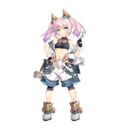  1girl aita_(final_gear) animal_ears arm_wrap armored_boots artist_request bare_shoulders belt belt_buckle bike_shorts black_bra black_gloves black_shorts blue_bag boots bra breasts brown_belt brown_socks buckle buttons cat_ears fake_animal_ears fang final_gear fingerless_gloves full_body gloves goggles goggles_around_neck gold_buckle grin hammer highres holding holding_wrench layered_shorts legs_apart mallet mechanical_ears medium_breasts midriff navel official_art open_mouth pink_hair shoe_belt short_hair shorts shortstack simple_background smile socks solo standing suspender_shorts suspenders tachi-e teeth third-party_source transparent_background twintails underboob underwear white_eyes white_shorts wrench 