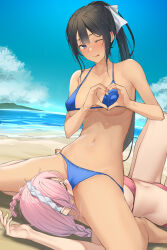  2girls :p absurdres bare_arms bare_legs bare_shoulders beach bikini black_hair blue_bikini blue_eyes blush breasts closed_eyes commission cunnilingus cunnilingus_through_clothes day hair_ornament hair_ribbon heart heart_hands highres large_breasts long_hair looking_at_viewer lying multiple_girls navel on_back one_eye_closed oral original outdoors pallad pink_bikini pink_hair ponytail ribbon sitting sitting_on_face sitting_on_person skeb_commission swimsuit tan tongue tongue_out underboob water white_ribbon yuri 