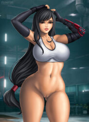 1girl abs absurdres black_hair bottomless breasts brown_eyes elbow_gloves female_focus final_fantasy final_fantasy_vii final_fantasy_vii_remake flowerxl gloves highres large_breasts long_hair no_pants paid_reward patreon patreon_reward pussy shirt square_enix standing tagme thick_thighs thighhighs thighs tifa_lockhart white_shirt