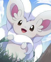  :d cinccino cloud commentary_request creatures_(company) day game_freak gen_5_pokemon grass happy highres nintendo no_humans open_mouth outdoors pokemon pokemon_(creature) rumine_(yoshi1234567) sky smile solo tongue 