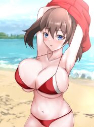  1girl bare_shoulders beach bikini blue_eyes blue_sky blurry blurry_background breasts brown_hair captain_rs_(evil_utdm) cleavage cloud collarbone creatures_(company) female_focus game_freak highres large_breasts light_blush looking_at_viewer may_(pokemon) navel nintendo ocean outdoors pokemon pokemon_rse red_bikini sky solo stomach swimsuit undressing  rating:Sensitive score:18 user:Groveman