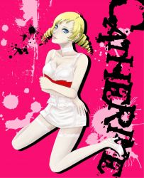  1girl atlus blonde_hair blue_eyes breasts catherine catherine_(game) choker cleavage crossed_arms drill_hair female_focus full_body high_heels highres miniskirt more-ko red_ribbon ribbon shoes short_hair skirt solo thighhighs white_heels white_thighhighs 