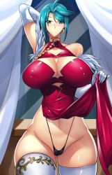  1girl bare_shoulders blue_eyes blue_hair breasts cleavage haganef huge_breasts looking_at_viewer nao_tachibana smile solo thick_thighs thighs wide_hips  rating:Questionable score:22 user:jojosstand