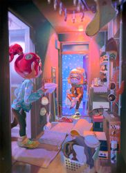 2girls agent_4_(splatoon) agent_8_(splatoon) beanie carpet character_doll cold doorway full_body hat indoors inkling inkling_player_character judd_(splatoon) multiple_girls nintendo octoling octoling_girl octoling_player_character open_door open_mouth orange_hair pink_hair pointy_ears ponytail runny_nose sandals scarf shoebox shoes snot snowing splatoon_(series) splatoon_2 splatoon_2:_octo_expansion suction_cups tentacle_hair towaxa towel wristband