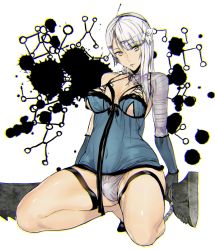  1girl ashiomi_masato asymmetrical_hair bandages braid breasts bulge futanari gloves kaine_(nier) lingerie looking_at_viewer medium_breasts negligee nier nier_(series) panties penis penis_in_panties short_hair silver_hair small_penis solo squatting sword underwear weapon white_panties  rating:Explicit score:47 user:wantstochill