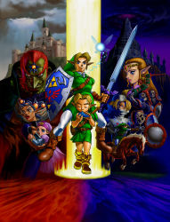 3boys 4girls absurdres arrow_(projectile) bandages blue_eyes blue_hair boots bow_(weapon) brown_gloves castle cloud colored_skin earrings epona ganondorf gloves glowing glowing_eyes green_gloves green_skin hair_over_one_eye highres horse impa jewelry light_rays link monster multiple_boys multiple_girls navi nintendo official_art pointy_ears princess princess_zelda red_eyes red_hair sheik shield skeleton stalfos sunbeam sunlight sword the_legend_of_zelda the_legend_of_zelda:_ocarina_of_time triforce tunic weapon young_link young_zelda rating:Sensitive score:32 user:forum