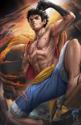  1boy abs absurdres artist_name black_eyes black_hair christianamiel21 clenched_hand commentary english_commentary english_text facial_scar highres looking_at_viewer male_focus monkey_d._luffy one_piece realistic scar scar_on_cheek scar_on_face short_hair shorts signature solo teeth topless_male watermark web_address 
