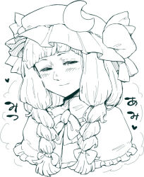  1girl alternate_hairstyle blunt_bangs blush bow bowtie braid capelet commentary_request crescent crescent_hat_ornament cropped_torso daitai_konna_kanji frilled_capelet frills greyscale hair_bow hat hat_ornament hat_ribbon heart long_hair looking_at_viewer mob_cap monochrome patchouli_knowledge ribbon smile solo touhou twin_braids white_background 