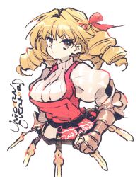  1girl armor blonde_hair breasts cropped_torso dress drill_hair gauntlets hair_intakes hair_ribbon highres juliet_sleeves large_breasts long_hair long_sleeves puffy_sleeves red_dress ribbon scarlett_(unicorn_overlord) solo sweater turtleneck turtleneck_sweater u_emmm unicorn_overlord upper_body white_background  rating:General score:5 user:danbooru