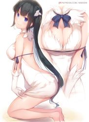 1girl backless_dress backless_outfit black_hair blue_bow blue_eyes blush bow breasts cleavage covered_erect_nipples dress dungeon_ni_deai_wo_motomeru_no_wa_machigatteiru_darou_ka female_focus from_side halterneck hestia_(danmachi) highres kimoshi kneeling large_breasts leaning_forward looking_at_viewer multiple_views neck_ribbon projected_inset rei_no_himo ribbon short_dress skirt skirt_tug smile solo tight_clothes tight_dress twintails white_dress rating:Sensitive score:91 user:danbooru