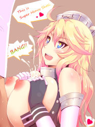 10s 1boy 1girl admiral_(kancolle) blonde_hair blue_eyes bottomless breasts_squeezed_together breasts breasts_out cum ejaculation elbow_gloves english_text engrish_text gloves hair_between_eyes headgear heart heart-shaped_pupils hetero highres huge_breasts iowa_(kancolle) kantai_collection koumei_(twinameless) nipples open_mouth paizuri ranguage solo_focus spoken_heart sweat symbol-shaped_pupils rating:Explicit score:88 user:danbooru