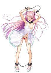 1girl absurdres armpits bare_legs bdsm blush bondage bondage_cuffs bound breasts chain collar cuffs demon_girl dress fangs felicia_(taimanin_kurenai) female_focus full_body highres inguinal_groove lilith-soft long_hair looking_at_viewer naughty_face nipples no_bra official_art one-piece_dress open_mouth panties pink_hair pointy_ears red_eyes seductive_smile shackles side-tie_panties slave small_breasts smile solo taimanin_(series) taimanin_kurenai taimanin_rpgx thong torn_clothes torn_dress twintails underwear very_long_hair wardrobe_malfunction zol rating:Questionable score:90 user:deltaonix