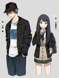  1boy 1girl baseball_cap black_hair blue_eyes brown_hair character_name chromatic_aberration color_guide hands_in_pockets hat highres konkichi_(flowercabbage) long_hair original school_uniform short_hair simple_background sleeves_past_wrists smile translated v_over_mouth 