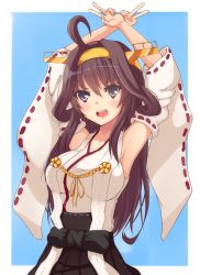  10s 1girl armpits arms_up bare_shoulders blush breasts brown_hair brown_skirt crossed_arms detached_sleeves double_bun double_v female_focus hairband headgear ixen-fei kantai_collection kongou_(kancolle) large_breasts long_hair nontraditional_miko open_mouth pleated_skirt purple_eyes ribbon-trimmed_sleeves ribbon_trim skirt solo upper_body v  rating:Sensitive score:12 user:danbooru