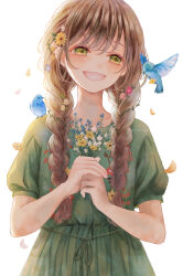  1girl :d animal animal_on_shoulder artist_name bird bird_on_shoulder blue_bird blue_flower blunt_bangs bouquet braid brown_hair daisy dress eyelashes fingernails flat_chest floral_print flower ginniroya green_dress green_eyes hair_behind_ear hair_flower hair_ornament hair_over_shoulder half-closed_eyes happy highres holding holding_bouquet hummingbird leaf light_blush looking_at_animal open_mouth petals pink_flower plant puffy_short_sleeves puffy_sleeves short_sleeves sideways_glance simple_background smile solo twintails vines white_background white_flower yellow_flower 