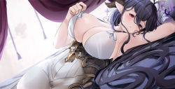 1girl antenna_hair arm_up armpits bandages bandaged_arm bandages black_hair blush breasts cleavage danua draph dress granblue_fantasy highres horns large_breasts long_hair looking_at_viewer lying on_bed on_side pointy_ears red_eyes solo somray underbust very_long_hair white_dress rating:Sensitive score:29 user:danbooru