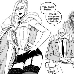  1girl 2boys absurdres bald bb_(baalbuddy) bespectacled black_sclera black_skirt black_thighhighs breasts cape charles_xavier choker collared_shirt colored_sclera commentary coomer_(meme) corset elbow_gloves emma_frost english_commentary english_text formal fur-trimmed_cape fur_trim gambit garter_straps glasses gloves greyscale hand_on_own_hip highleg highleg_panties highres jacket lace lace-trimmed_thighhighs lace_panties large_breasts lips lipstick long_hair makeup marvel meme monochrome multiple_boys necktie panties pantyshot revealing_clothes rolling_eyes shirt simple_background skirt speech_bubble suit suit_jacket thighhighs underwear variant_set white_background x-men 
