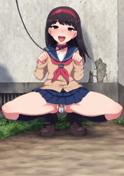 1boy belt_collar black_hair black_socks blush censored chastity_cage collar exhibitionism flat_chest half-closed_eyes highres kneehighs leash long_hair mosaic_censoring no_panties open_mouth outdoors paw_pose penis public_indecency red_eyes school_uniform shoes socks squatting tagme teeth testicles tongue tongue_out trap wataya rating:Explicit score:213 user:DoctorWasabi