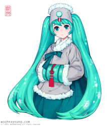  1girl 2015 alternate_costume aqua_eyes aqua_hair artist_name blush bow closed_mouth cropped_torso fur-trimmed_headwear fur-trimmed_jacket fur_trim green_bow grey_jacket hanbok hat hatsune_miku head_tilt jacket korean_clothes long_hair long_sleeves looking_at_viewer nayoung_wooh simple_background smile snowflake_print snowflakes solo string string_of_fate tassel traditional_clothes twintails very_long_hair vocaloid watermark web_address white_background yuki_miku 