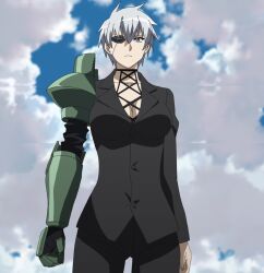  1girl akame_ga_kill! breasts cleavage cloud eyepatch female_focus formal grey_hair highres large_breasts mechanical_arms najenda purple_eyes screencap short_hair single_mechanical_arm solo standing stitched suit third-party_edit tomboy 
