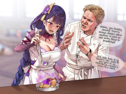  1boy 1girl @_@ apron blonde_hair blunt_bangs blurry blurry_background braid breasts bridal_gauntlets chef commentary crossover electricity english_commentary english_text food foxyreine frilled_apron frills frying_pan genshin_impact gordon_ramsay hair_ornament hand_up hands_up hell&#039;s_kitchen highres holding indoors ladle large_breasts long_hair low-braided_long_hair low-tied_long_hair mole mole_under_eye neck_ribbon obi open_mouth parted_lips profanity purple_eyes purple_hair raiden_shogun raised_eyebrows real_life ribbon sash short_hair speech_bubble spoon tearing_up watch white_apron window wrinkled_skin wristwatch  rating:Sensitive score:127 user:danbooru