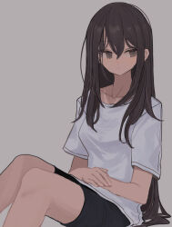  1girl :| black_shorts breasts brown_eyes brown_hair closed_mouth collarbone expressionless feet_out_of_frame hair_between_eyes highres hinomaru_(futagun) knees_together_feet_apart long_hair long_sleeves looking_to_the_side medium_breasts original own_hands_together shirt shorts sidelocks sideways_glance sitting solo straight_hair white_shirt 