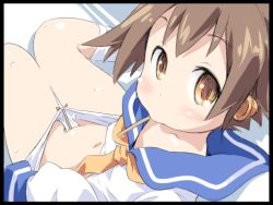  1girl ascot blush brown_eyes brown_hair female_focus food_in_mouth from_above from_behind ham_(points) kantai_collection loli looking_back navel panties panty_pull pocky pocky_in_mouth sailor_collar short_hair solo underwear yukikaze_(kancolle)  rating:Explicit score:81 user:Dweenie