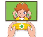 1girl animated blush bouncing_breasts breasts brown_hair controller crown earrings jewelry mario_(series) minuspal moaning nintendo nintendo_nx princess princess_daisy sexually_suggestive super_mario_bros._1 touchpad video video rating:Questionable score:119 user:Anon_Perv