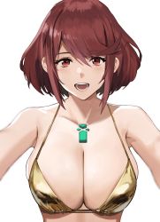  1girl bare_shoulders bikini breasts chest_jewel cleavage commission female_focus gold_bikini highres j@ck large_breasts looking_at_viewer matching_hair/eyes open_mouth pyra_(xenoblade) red_eyes red_hair short_hair simple_background solo swept_bangs swimsuit upper_body white_background xenoblade_chronicles_(series) xenoblade_chronicles_2  rating:Sensitive score:45 user:danbooru