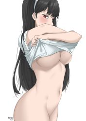 1girl absurdres artist_name black_hair blush bottomless breasts byeon_dha commentary cowboy_shot crossed_arms from_side hairband highres large_breasts long_hair looking_at_viewer looking_to_the_side navel red_eyes shirt simple_background solo spy_x_family stomach straight_hair t-shirt underboob undressing white_background white_hairband white_shirt yor_briar rating:Questionable score:95 user:danbooru