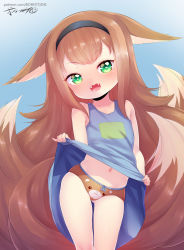  1girl :3 animal_ears bad_id bad_pixiv_id born-to-die clothes_lift collarbone copyright_request cowboy_shot dress dress_lift fangs female_focus flat_chest fox_ears fox_tail gradient_background green_eyes hairband heart heart-shaped_pupils heart_in_eye highres lifting_own_clothes loli long_hair looking_at_viewer multiple_tails navel open_mouth panties print_panties sleeveless sleeveless_dress solo standing symbol-shaped_pupils symbol_in_eye tail underwear very_long_hair watermark web_address  rating:Questionable score:105 user:Domestic_Importer