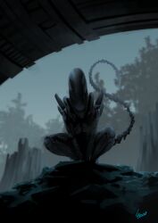  1other alien alien_(1979) alien_(1979) alien_(series) commentary_request dead_by_daylight eiri_(eirri) monster no_humans other_focus shoulder_spikes signature solo spikes squatting tail teeth tree xenomorph 