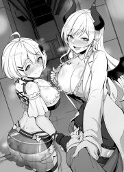 1boy 2girls absurdres ahoge alley back_tattoo bare_shoulders bat_hair_ornament black_shorts blush breast_tattoo breasts center_frills cleavage clothes_pull cross-laced_clothes curvy demon_girl demon_horns demon_wings detached_sleeves frilled_shirt frills garter_straps greyscale hair_ornament hairclip heart heart-shaped_pupils highres hololive horns huge_breasts lab_coat large_breasts looking_at_viewer looking_back monochrome mp150_plus multiple_girls nipple_slip nipples open_mouth pointy_ears pov pulling_own_clothes pulling_another&#039;s_clothes shiny_skin shirt shirt_pull short_hair short_shorts short_sleeves shorts smile strapless sweat symbol-shaped_pupils tattoo thigh_strap thighhighs vampire virtual_youtuber wing_collar wing_tattoo wings yozora_mel yozora_mel_(2nd_costume) yuzuki_choco yuzuki_choco_(1st_costume) rating:Questionable score:147 user:danbooru
