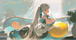  &gt;_&lt; 1girl absurdres aqua_theme azur_lane black_ribbon blunt_bangs blurry breasts chinese_commentary collar commentary couch depth_of_field dress earrings fingerless_gloves formidable_(azur_lane) gloves grey_hair hair_flowing_over hair_spread_out highres jewelry large_breasts long_hair looking_at_viewer manjuu_(azur_lane) multicolored_clothes multicolored_dress on_couch outdoors red_eyes ribbon sleeves_past_wrists sunlight twintails very_long_hair white_collar yunouou10 