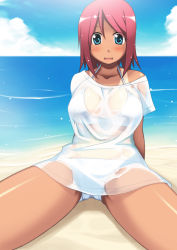  1girl aqua_eyes arm_support beach bikini blue_eyes blush breasts breasts_apart cameltoe day ikujitto large_breasts leaning_back looking_at_viewer ocean one-piece_tan open_mouth original outdoors pink_hair red_hair see-through shiny_skin short_hair sitting smile solo spread_legs swimsuit tan tanline wet  rating:Questionable score:5 user:danbooru