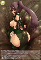  1girl akali ass bdsm black_hair blush bondage bound breasts from_behind green_eyes large_breasts league_of_legends long_hair sideboob text_focus translation_request  rating:Questionable score:59 user:kaqz123