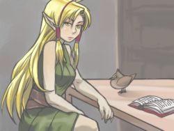  1girl bird blonde_hair book breasts elf embric_of_wulfhammer&#039;s_castle falwythwier_windgrace long_hair looking_at_viewer lowres non-web_source official_art pointy_ears qvga roarke_(lavenderincubus) sitting stratovarious stratovarius_(embric) table yellow_eyes 