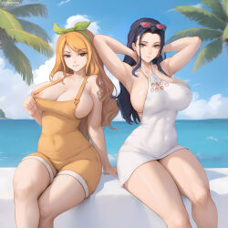  2girls areola_slip armpits arms_behind_head bare_shoulders black_hair blue_eyes blue_sky breasts brown_eyes cleavage closed_mouth collarbone covered_navel cowboy_shot day dress flowerxl large_breasts long_hair multiple_girls nami_(one_piece) nico_robin ocean one_eye_closed one_piece orange_hair outdoors overalls palm_tree short_dress sideboob sitting sky smile sunglasses_on_head tattoo arm_tattoo tree white_dress  rating:Questionable score:128 user:DarkToonLink