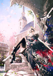 1girl armor armored_dress bird black_cape boots breasts building cape chain cherry_blossoms church cloud commentary_request falling_petals fate/grand_order fate_(series) gauntlets hand_on_own_stomach headpiece high_heel_boots high_heels highres jeanne_d&#039;arc_alter_(avenger)_(fate) jeanne_d&#039;arc_alter_(fate) large_breasts leaf majamari multiple_swords petals plackart sitting sky solo statue sword thighhighs tree weapon white_hair window yellow_eyes 