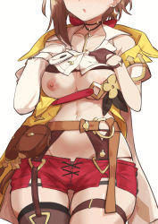  1girl atelier_(series) atelier_ryza atelier_ryza_1 belt bracelet breast_slip breasts brown_gloves brown_hair clothes_lift gloves highres jacket jewelry leather leather_gloves medium_breasts midriff morisobo navel nipples open_clothes open_mouth open_shirt panties red_shorts reisalin_stout shirt shirt_lift short_shorts shorts simple_background single_glove skindentation sleeveless sleeveless_jacket solo standing thick_thighs thighhighs thighs underwear white_background white_shirt yellow_jacket  rating:Questionable score:126 user:danbooru