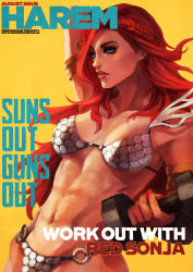 1girl abs absurdres arm_up armlet armor august bikini bikini_armor blue_eyes braid breasts commentary cover dumbbell english_commentary exercise eyelashes french_braid hair_over_one_eye highres hip_bones lips long_hair looking_to_the_side magazine_cover medium_breasts monori_rogue navel nose o-ring o-ring_bikini red_sonja red_sonja_(comics) solo toned yellow_background rating:Questionable score:21 user:danbooru