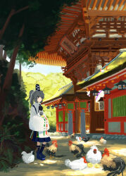  1girl absurdres animal architecture bird blue_footwear blue_hat blue_skirt chick chicken closed_mouth coat commentary_request day divine_spirit_mausoleum east_asian_architecture expressionless forest full_body grey_eyes grey_hair hands_in_opposite_sleeves hat highres holding holding_animal holding_bird in-universe_location japanese_clothes kariginu lantern long_hair long_sleeves medium_bangs mononobe_no_futo nature outdoors pom_pom_(clothes) ribbon-trimmed_sleeves ribbon_trim rituzou210 skirt solo tate_eboshi touhou tree white_coat wide_sleeves 