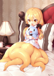  1girl :3 :d artist_name bed_sheet bedroom book cabinet child cup hair_between_eyes hair_ornament hair_scrunchie hugging_object indoors kyuri_tizu lamp long_hair looking_at_another looking_down low_twintails mascot monster_girl mug octopus on_bed open_mouth original pillow pointy_ears scrunchie scylla signature sitting sleepwear smile solo tentacles thick_eyebrows twintails |_|  rating:Sensitive score:20 user:danbooru